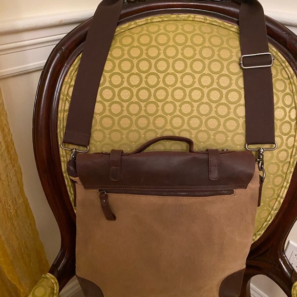 Men leather and brown canvas hobo style bag - Picture 3 of 4